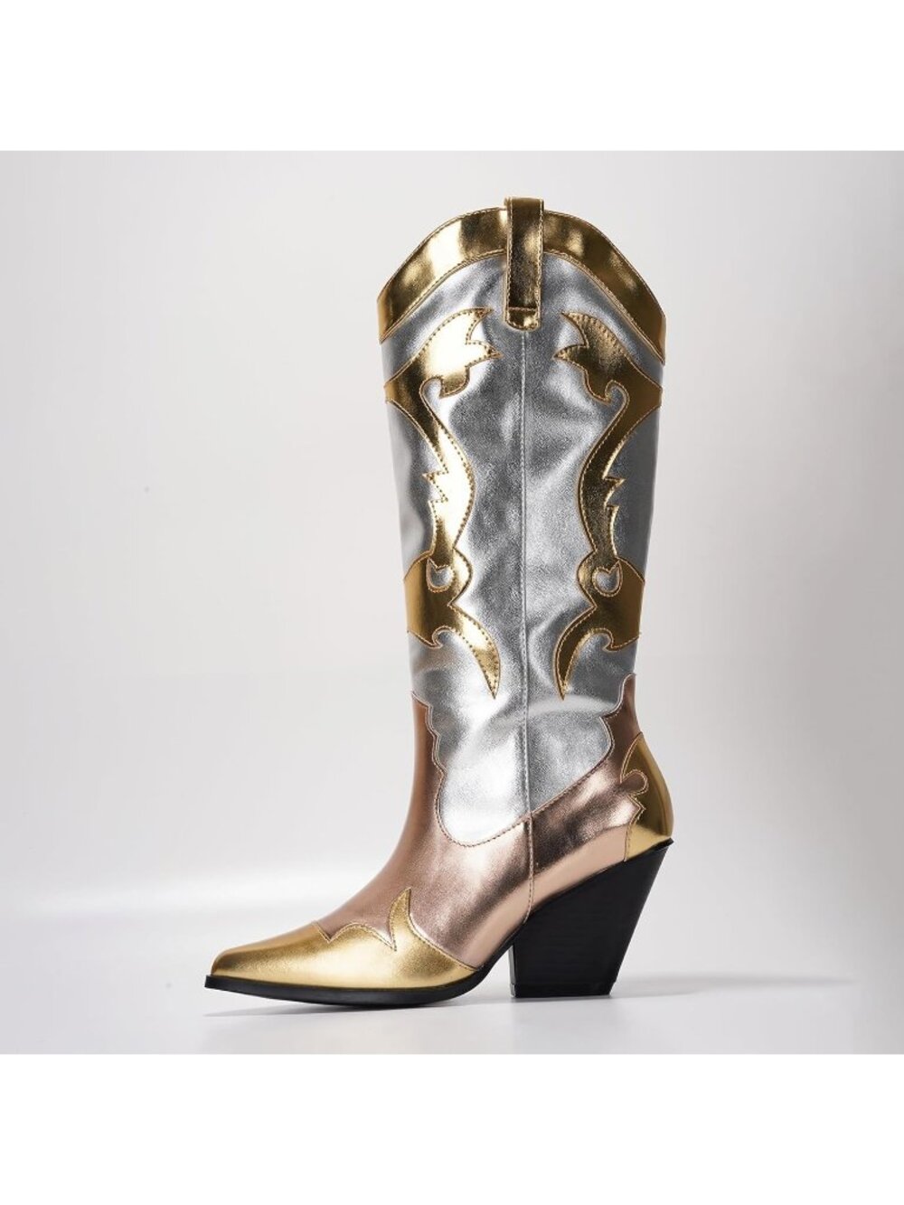 Womenโs Gold Pull-On Metallic Colorblock Cowboy Boots Mid-Calf Pointed Toe Heel - Picture 3 of 6